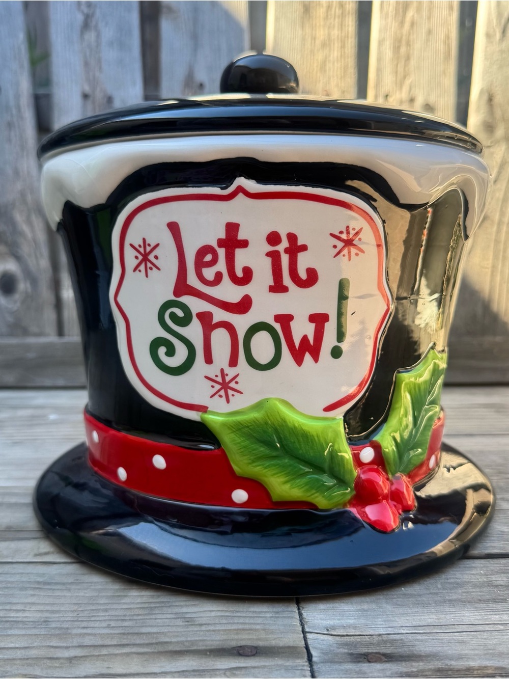 Vintage Style Christmas Snowman Top Hat Ceramic Cookie Jar "Let It Snow"